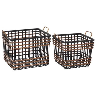 Image showing  Medium Rectangular Bamboo and Antique Metal Basket with Handles Set, 2 pc.