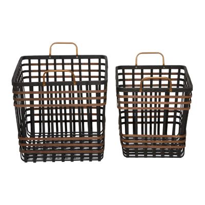 Image showing  Medium Rectangular Bamboo and Antique Metal Basket with Handles Set, 2 pc.