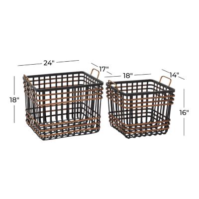 Image showing  Medium Rectangular Bamboo and Antique Metal Basket with Handles Set, 2 pc.