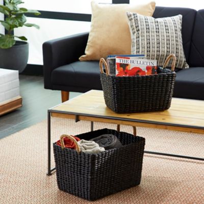 Harper & Willow Large Rectangular Handwoven Water Hyacinth Wicker Baskets with Banana Leaf Handles, Black, 2 pc.