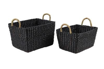 Image showing  Large Rectangular Handwoven Water Hyacinth Wicker Baskets with Banana Leaf Handles, Black, 2 pc.
