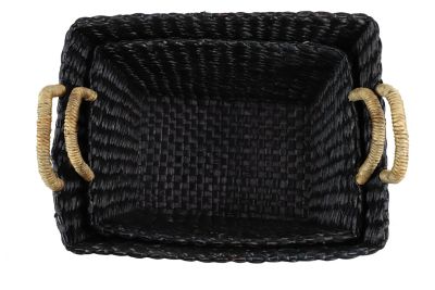 Image showing  Large Rectangular Handwoven Water Hyacinth Wicker Baskets with Banana Leaf Handles, Black, 2 pc.
