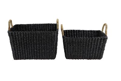 Image showing  Large Rectangular Handwoven Water Hyacinth Wicker Baskets with Banana Leaf Handles, Black, 2 pc.