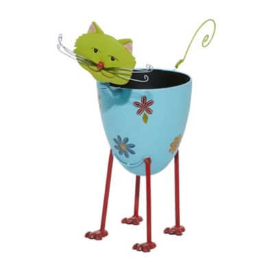 Image showing  Blue Metal Indoor Outdoor Cat Planter with Flower Pattern 16" x 8" x 19"