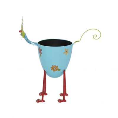 Image showing  Blue Metal Indoor Outdoor Cat Planter with Flower Pattern 16" x 8" x 19"