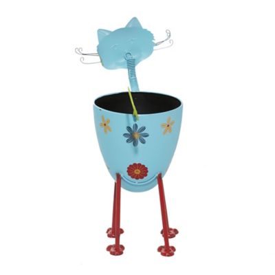Image showing  Blue Metal Indoor Outdoor Cat Planter with Flower Pattern 16" x 8" x 19"