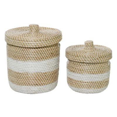 Image showing  Small Natural Woven Striped Round Seagrass Basket with Lid Set, Assorted, 2 pc.