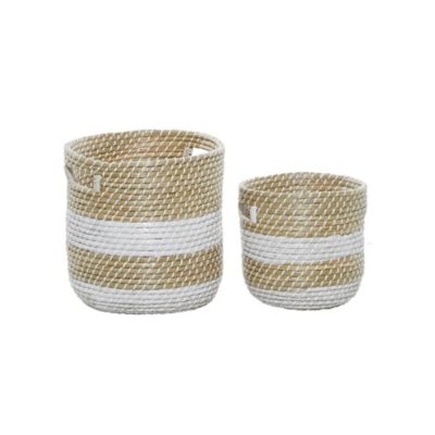 Image showing  Small Natural Woven Striped Round Seagrass Basket with Lid Set, Assorted, 2 pc.