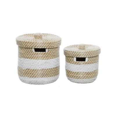 Image showing  Small Natural Woven Striped Round Seagrass Basket with Lid Set, Assorted, 2 pc.