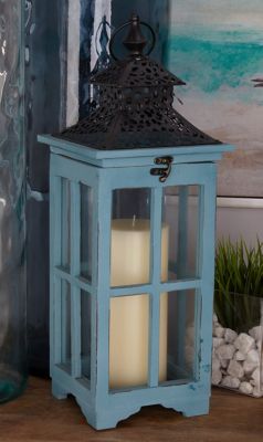 Harper & Willow Traditional Rectangular Turquoise Wooden Candle Lanterns, 11 x 11 x 26 in., 8 x 8 x 21 in., 14.25 lb., 50294