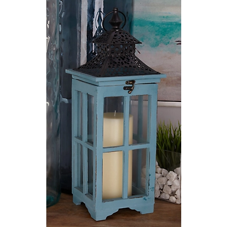 Harper & Willow Traditional Rectangular Turquoise Wooden Candle Lanterns, 11 x 11 x 26 in., 8 x 8 x 21 in., 14.25 lb., 50294