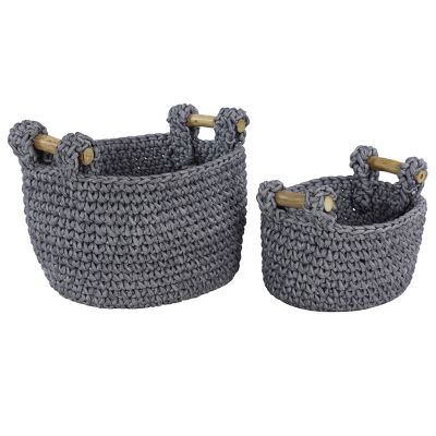 Harper & Willow Large Round Mesh and Cotton Rope Storage Baskets with Teak Wood Handles, 20 x 13 in. and x 11 in., 2 pc.