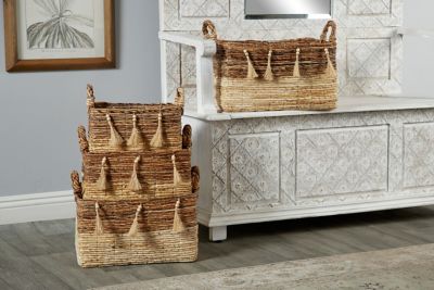 Harper & Willow Large Rectangular Banana Leaf Storage Baskets with Wood Beads and Tassels, 4 pc.