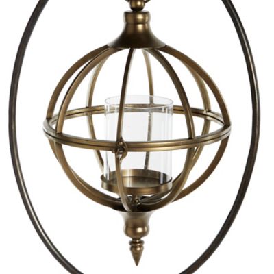 Image showing  Tall Metal Hanging Lantern in Antique Bronze Finish with Pillar Stand, Orb Cage Candle Holder, 43716