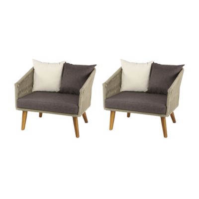 Image showing  Gray Wood Woven Rope Outdoor Chair with Polyester Cushions and Slender Tapered Legs Set of 2 33 in. W, 29 in. H