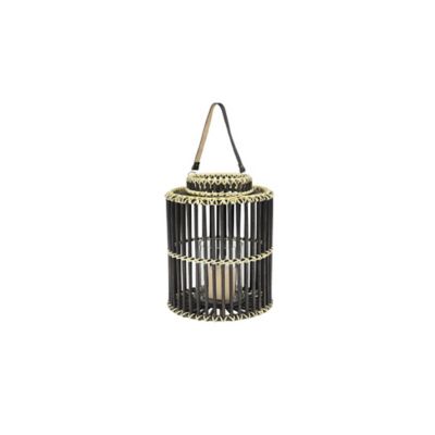 Image showing  14" x 18" Large Cylindrical Black Rattan Rustic Lantern, Birdcage Shape, 35969