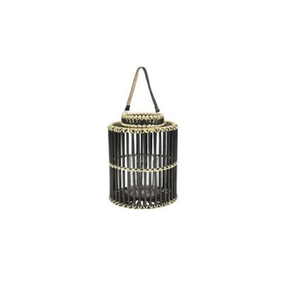 Image showing  14" x 18" Large Cylindrical Black Rattan Rustic Lantern, Birdcage Shape, 35969