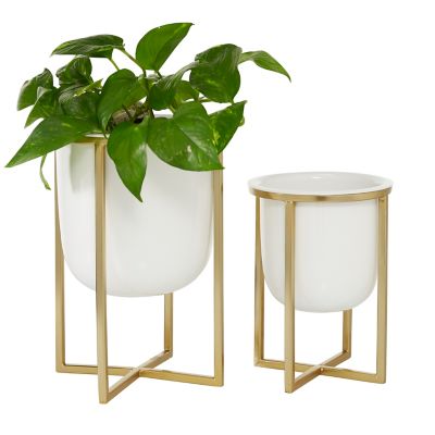 Image showing  White Metal Indoor Outdoor Planter with Removable Stand Set of 2 12", 10"H