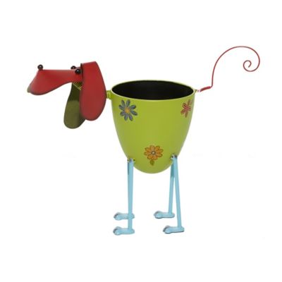 Image showing  Green Metal Indoor Outdoor Dog Planter with Floral Pattern Planter 19 in. x 8 in. x 18 in.
