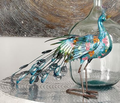 Harper & Willow Teal Metal Indoor Outdoor Peacock Garden Sculpture with Crystal Accents 31" x 7" x 20"