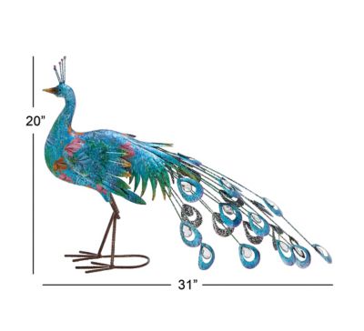 Image showing 6 th Harper & Willow Teal Metal Indoor/Outdoor Peacock Garden Sculpture with Crystal Accents, 31 in. x 7 in. x 20 in.