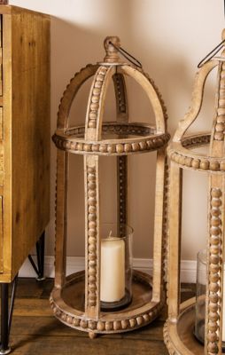 Harper & Willow Rustic Cage-Style Wood Lantern with Glass Candle Holder, 13 in. x 10 in. x 29 in., 77644
