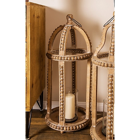 Harper & Willow Rustic Cage-Style Wood Lantern with Glass Candle Holder, 13 in. x 10 in. x 29 in., 77644