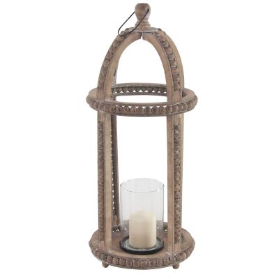 Image showing  29 in. Rustic Round Cage-Style Wood Lantern with Glass Candle Holder