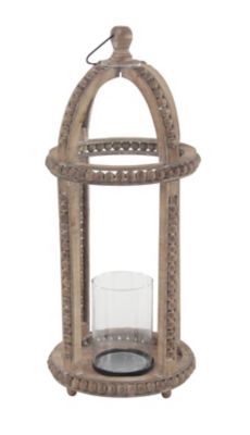 Image showing  29 in. Rustic Round Cage-Style Wood Lantern with Glass Candle Holder