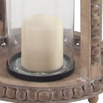 Image showing  29 in. Rustic Round Cage-Style Wood Lantern with Glass Candle Holder