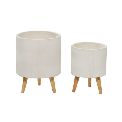 Image showing  White Ceramic Indoor Outdoor Planter with Wood Legs Set of 2- 16 in., 13 in. H