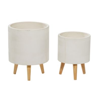 Image showing  White Ceramic Indoor Outdoor Planter with Wood Legs Set of 2- 16 in., 13 in. H