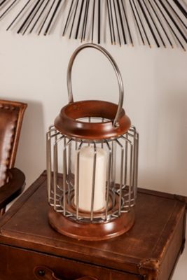 Harper & Willow Large Wood and Metal Bar Hanging Lantern with Handle and Hurricane Glass Candle Holder, 9 x 9 x 11 in., 2.1 lb.