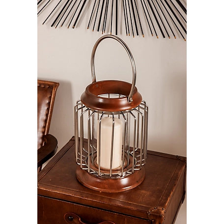 Harper & Willow Large Wood and Metal Bar Hanging Lantern with Handle and Hurricane Glass Candle Holder, 9 x 9 x 11 in., 2.1 lb.