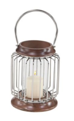 Image showing  Large Wood and Metal Bar Hanging Lantern with Handle and Hurricane Glass Candle Holder, 9 x 9 x 11 in., 2.1 lb.