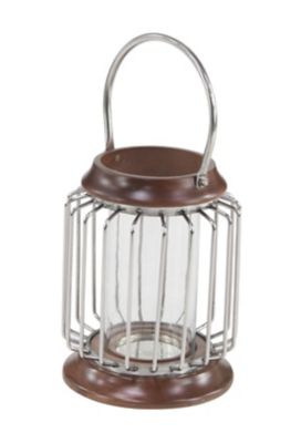Image showing  Large Wood and Metal Bar Hanging Lantern with Handle and Hurricane Glass Candle Holder, 9 x 9 x 11 in., 2.1 lb.