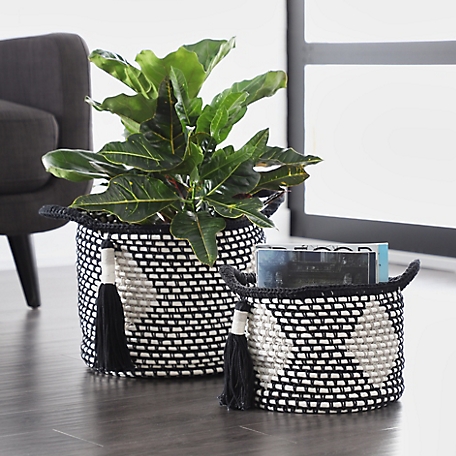 Harper & Willow Large Round Cotton Rope Storage Baskets with Diamond Design & Decorative Tassels, 2 pc.