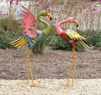 Image showing  Metal Flamingo Decorative Garden Statues, 18 in. x 32 in., 17 in. x 28 in., Multicolor, 2 pc.