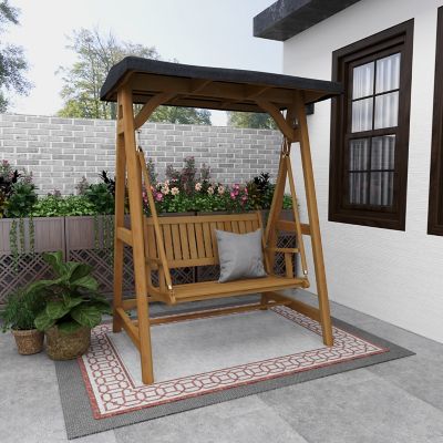 Image showing 6 th Harper & Willow Teak Traditional Outdoor Swing, 77 in. x 60 in. x 40 in., Brown