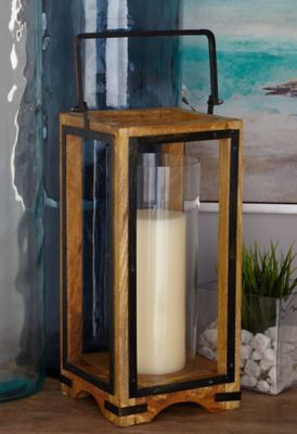 Harper & Willow Brown Mango Wood Handmade Pillar Candle Lantern, 8 in. x 8 in. x 22 in., 23853