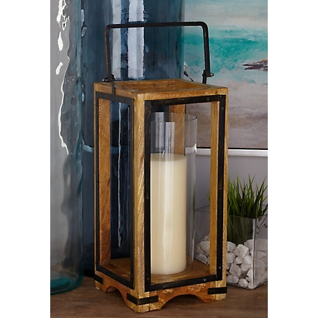 Harper & Willow Brown Mango Wood Handmade Pillar Candle Lantern, 8 in. x 8 in. x 22 in., 23853