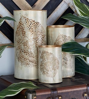 Harper & Willow Assorted Metal Leaf Decorative Candle Lanterns, Gold, 3-Pack