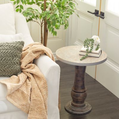 Harper & Willow Gray Wood Handmade Distressed Accent Table with Wood Chip Inspired Tabletop, 18 in. x 18 in. x 21 in.
