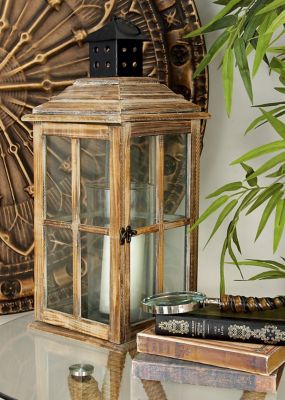 Harper & Willow 23 in. High Rustic Wood and Glass Window Pane Candle Lantern, Brown, 9 in. W, 61684