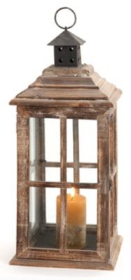 Image showing  23 in. Rustic Wood and Glass Window Pane Candle Lantern, Brown