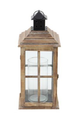 Image showing  23 in. Rustic Wood and Glass Window Pane Candle Lantern, Brown