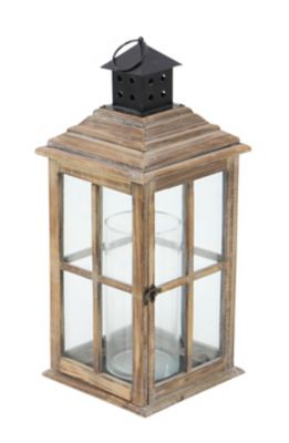 Image showing  23 in. Rustic Wood and Glass Window Pane Candle Lantern, Brown