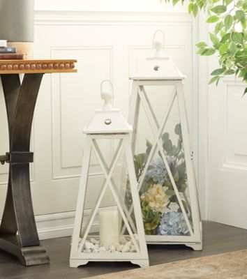 Harper & Willow Tall Triangular Wood and Glass White Lanterns, 14 in. x 36 in., 12 in. x 28 in., 22.5 lb., Set of 2, 50222