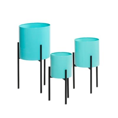 Image showing  Iron Contemporary Large Round Indoor/Outdoor Planter Set in Stands, 3 pc.