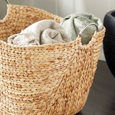 Image showing  Large Rectangular Natural Water Hyacinth Storage Basket with Round Metal Loop Handles, 21 in. x 17 in. x 19 in.